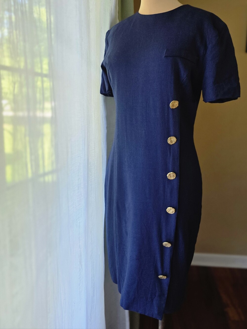 Vintage 90s Navy Shift Dress Gold Button Detail Rayon Linen Hudson's Size 6 Mod